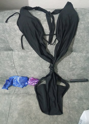 42 Beden Siyah Drapeli Strappy Monokini