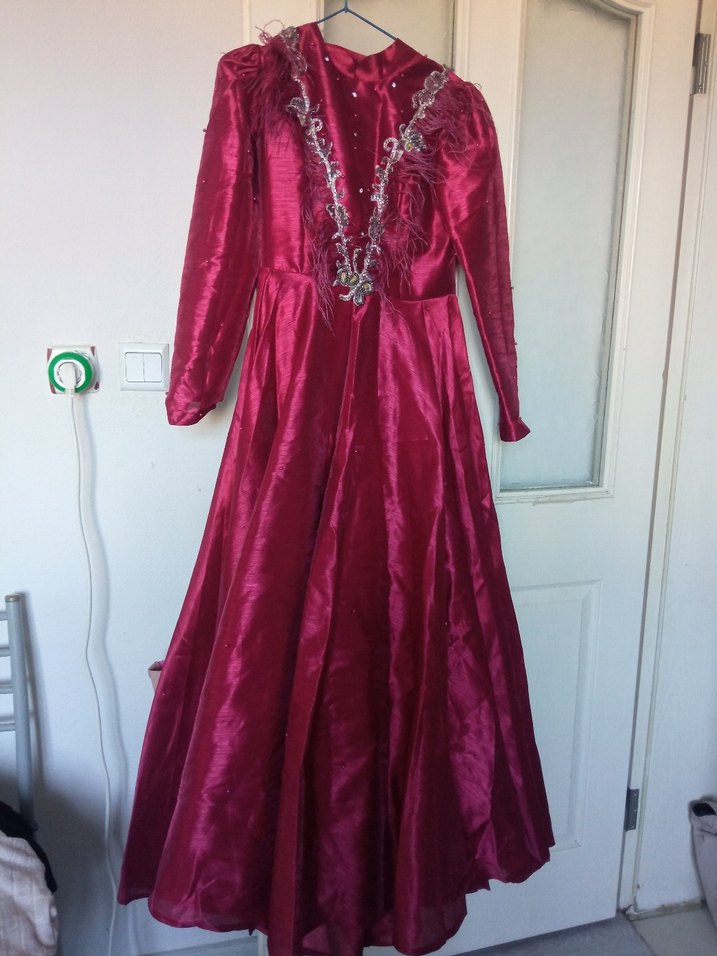 Bordo Uzun Kollu Vintage Kadın Abiye - Görsel 2