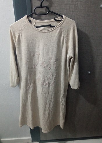 Bej Salaş Hamile Keten Tişört uxun kolu elbise - Görsel 2