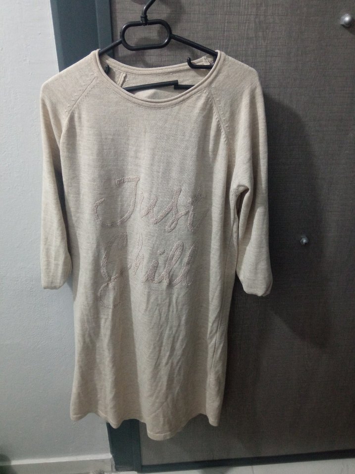 Bej Salaş Hamile Keten Tişört uxun kolu elbise - Görsel 2