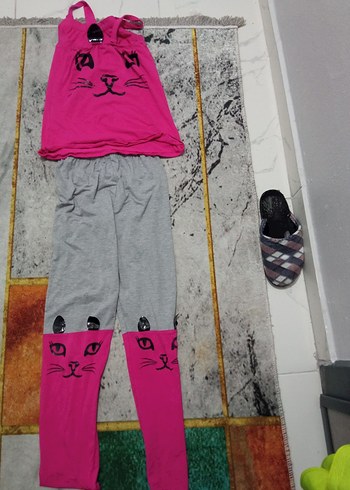 Pembe ve Gri Örme Kedi Desenli Kıyafet  kız cocuk - Görsel 4