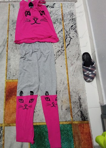 Pembe ve Gri Örme Kedi Desenli Kıyafet  kız cocuk - Görsel 3