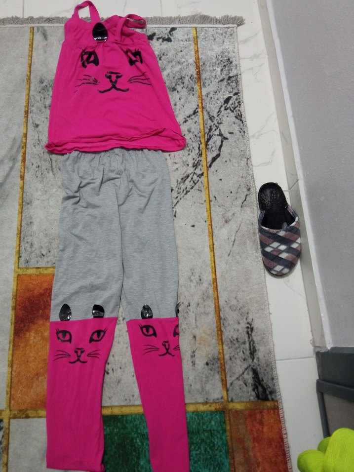 Pembe ve Gri Örme Kedi Desenli Kıyafet  kız cocuk - Görsel 4