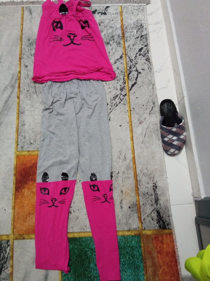 Pembe ve Gri Örme Kedi Desenli Kıyafet  kız cocuk - Görsel 3