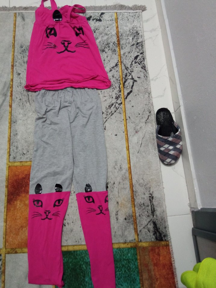 Pembe ve Gri Örme Kedi Desenli Kıyafet  kız cocuk - Görsel 2