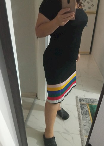 Çizgili, kemerli midi hamile etek elbise - Görsel 2