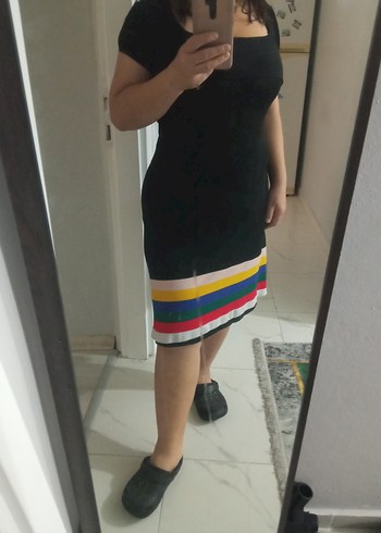 Çizgili, kemerli midi hamile etek elbise - Görsel 5