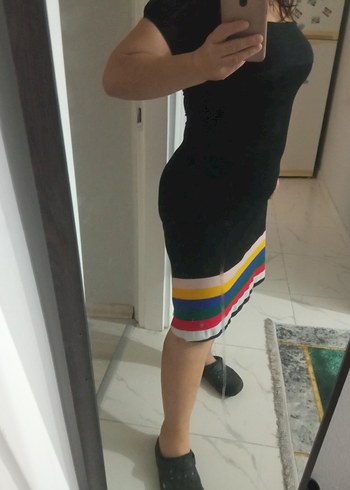 Çizgili, kemerli midi hamile etek elbise - Görsel 3