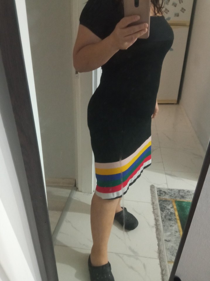 Çizgili, kemerli midi hamile etek elbise - Görsel 2