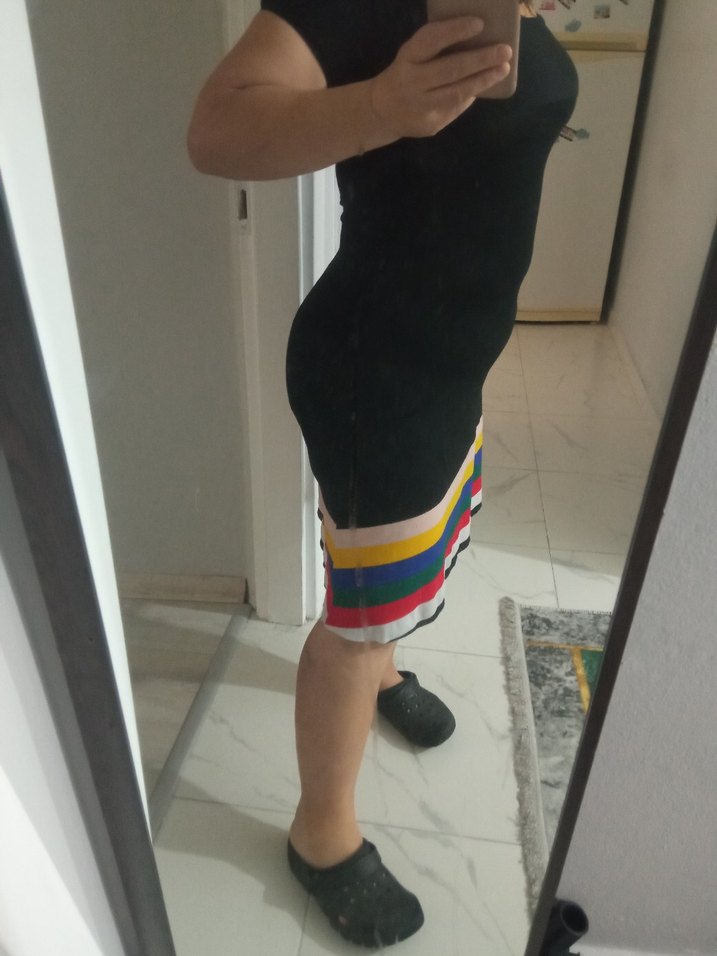 Çizgili, kemerli midi hamile etek elbise - Görsel 4