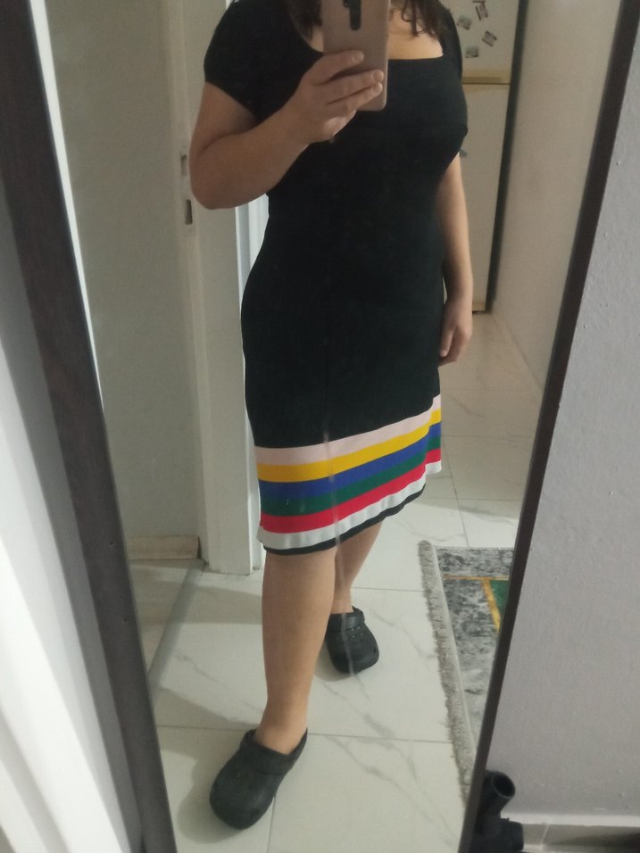 Çizgili, kemerli midi hamile etek elbise - Görsel 5