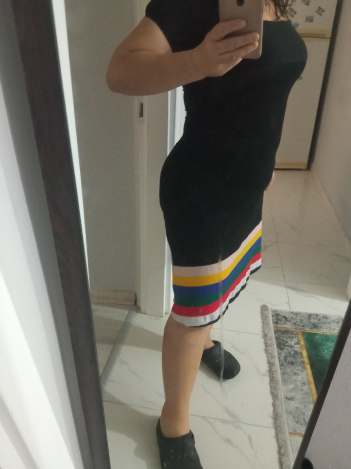 Çizgili, kemerli midi hamile etek elbise - Görsel 3