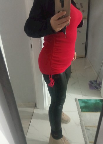 Kırmızı Deri Hamile Tunik, Uzun Kollu, Midi Boy elbise - Görsel 6