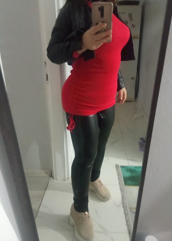 Kırmızı Deri Hamile Tunik, Uzun Kollu, Midi Boy elbise - Görsel 2