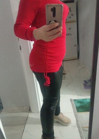 Kırmızı Deri Hamile Tunik, Uzun Kollu, Midi Boy elbise - Görsel 9