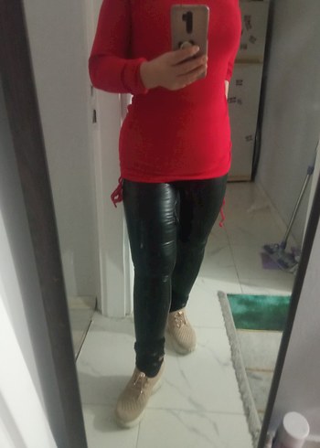 Kırmızı Deri Hamile Tunik, Uzun Kollu, Midi Boy elbise - Görsel 4