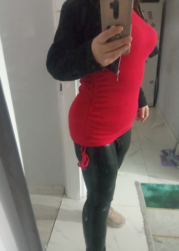 Kırmızı Deri Hamile Tunik, Uzun Kollu, Midi Boy elbise - Görsel 8