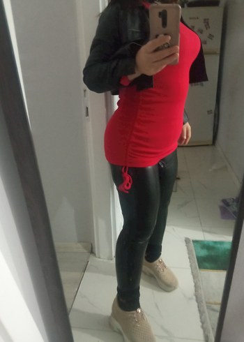 Kırmızı Deri Hamile Tunik, Uzun Kollu, Midi Boy elbise - Görsel 3