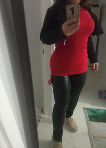 Kırmızı Deri Hamile Tunik, Uzun Kollu, Midi Boy elbise - Görsel 7