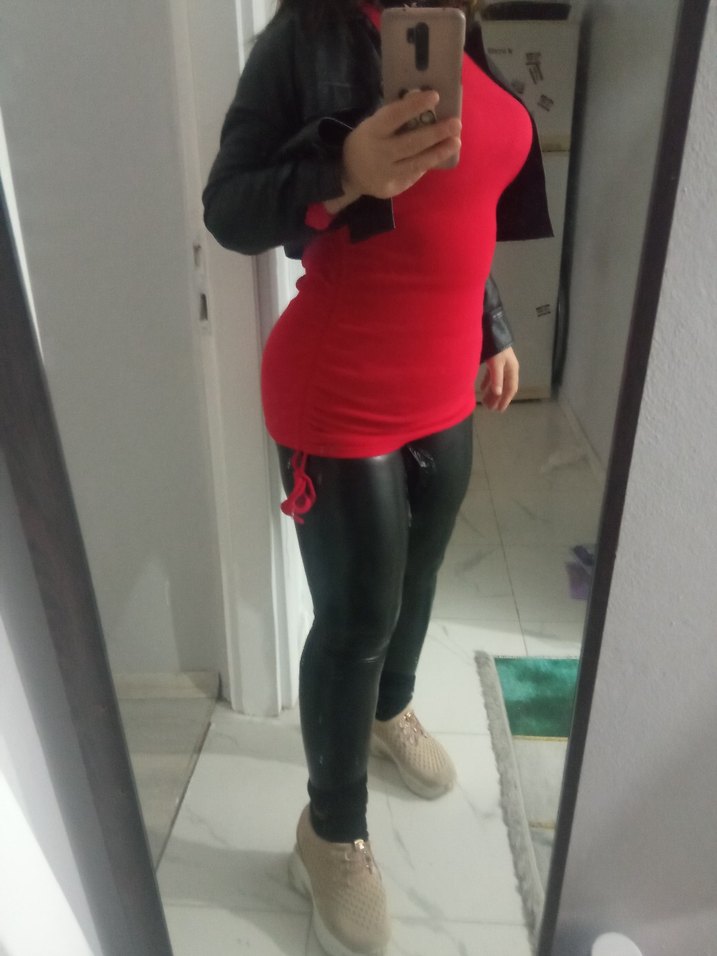 Kırmızı Deri Hamile Tunik, Uzun Kollu, Midi Boy elbise - Görsel 2