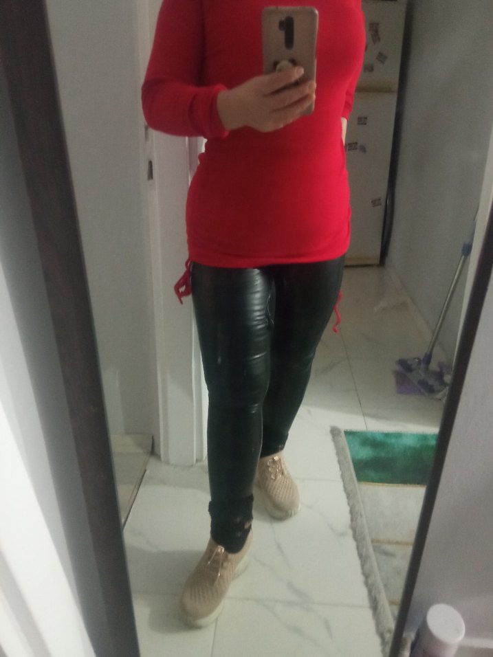 Kırmızı Deri Hamile Tunik, Uzun Kollu, Midi Boy elbise - Görsel 4