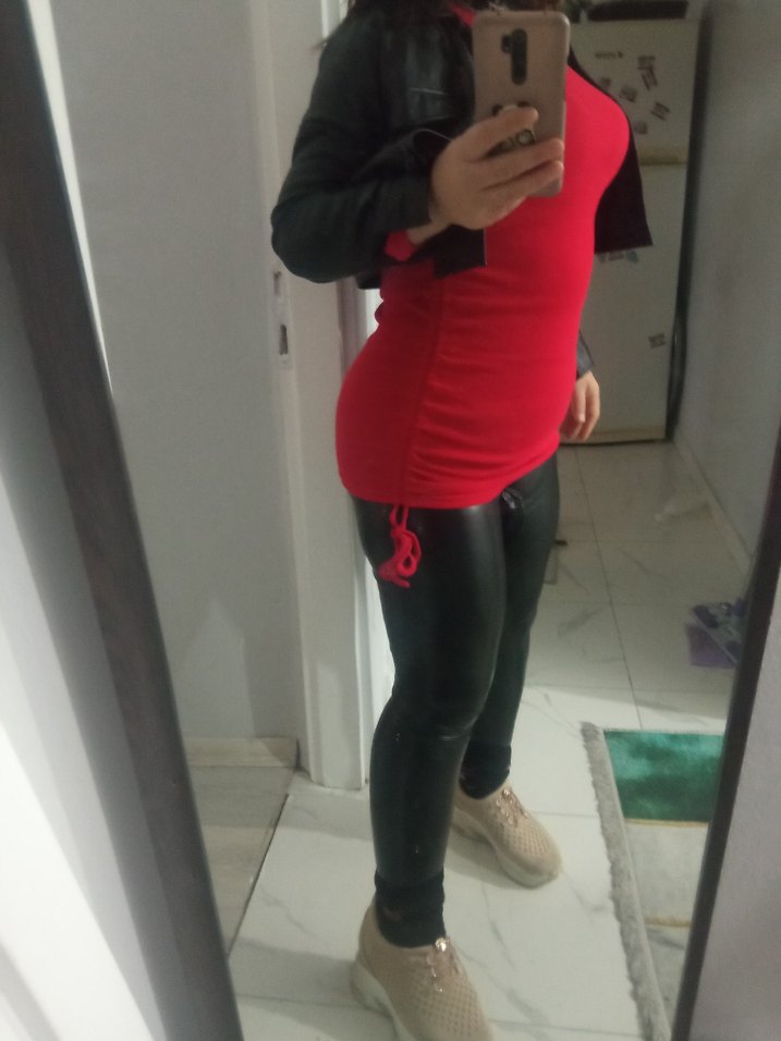 Kırmızı Deri Hamile Tunik, Uzun Kollu, Midi Boy elbise - Görsel 3