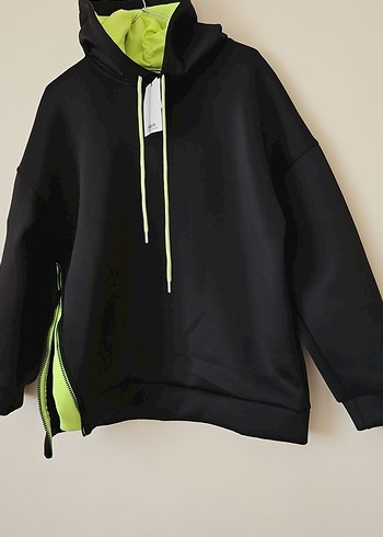 Diğer Kanguru Cep Fermuarlı Siyah Kapüşonlu Sweatshirt