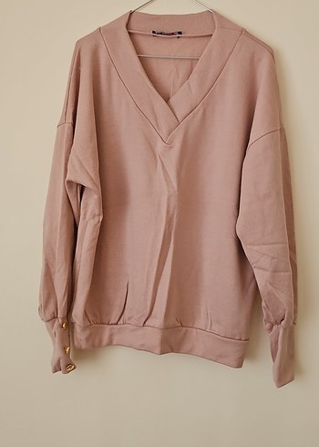 Bej V Yakalı Düğmeli Kadın Sweatshirt