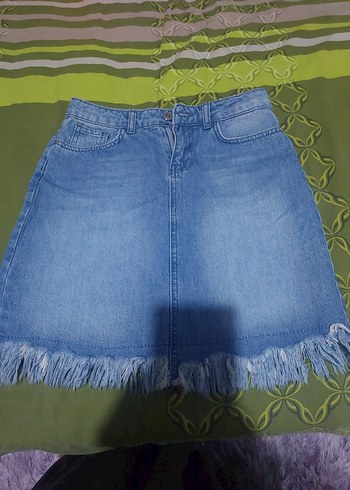 Püsküllü Mavi Denim Midi Etek