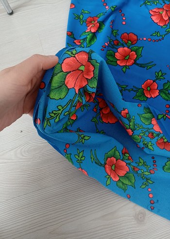 Renkli Çiçek Desenli Mavi kumaş - Görsel 3
