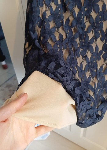 Lacivert Dantel Midi Elbise V Yaka - Görsel 3