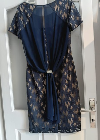 Lacivert Dantel Midi Elbise V Yaka - Görsel 2