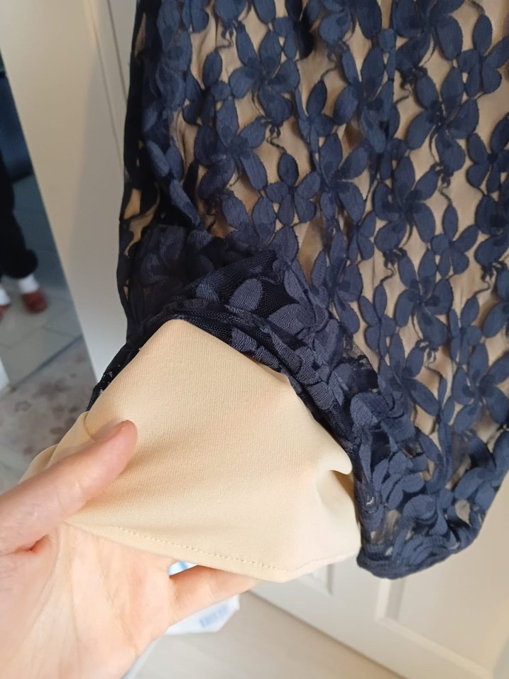 Lacivert Dantel Midi Elbise V Yaka - Görsel 3