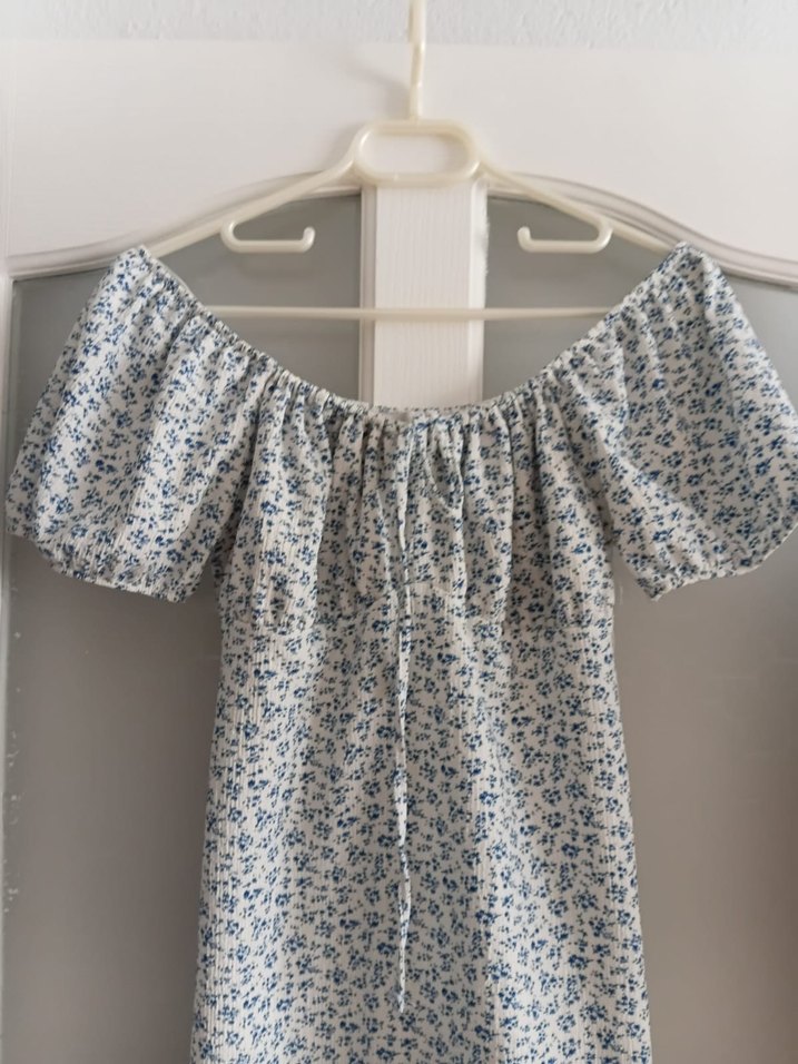 Mavi Çiçek Desenli Kısa Pamuk Bluz - Görsel 3
