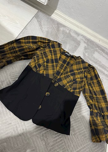 Sarı Ekose Düğmeli Kadın Gömlek - Görsel 3