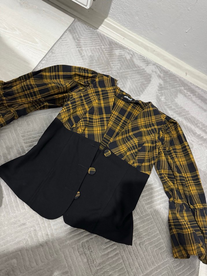 Sarı Ekose Düğmeli Kadın Gömlek - Görsel 3
