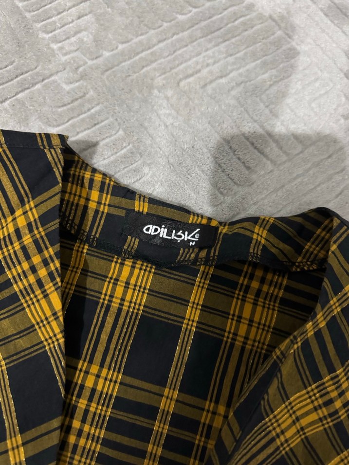 Sarı Ekose Düğmeli Kadın Gömlek - Görsel 2