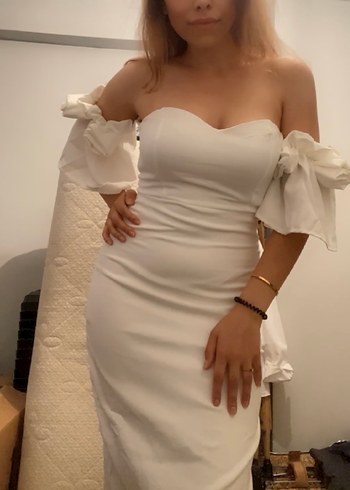 Beyaz Midi Drapeli Straplez Kadın Elbise - Görsel 5