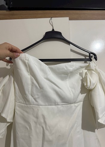 Beyaz Midi Drapeli Straplez Kadın Elbise - Görsel 2