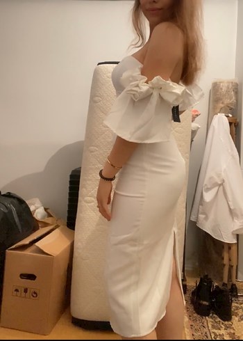 Beyaz Midi Drapeli Straplez Kadın Elbise - Görsel 6