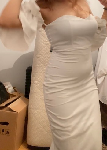 Beyaz Midi Drapeli Straplez Kadın Elbise - Görsel 8