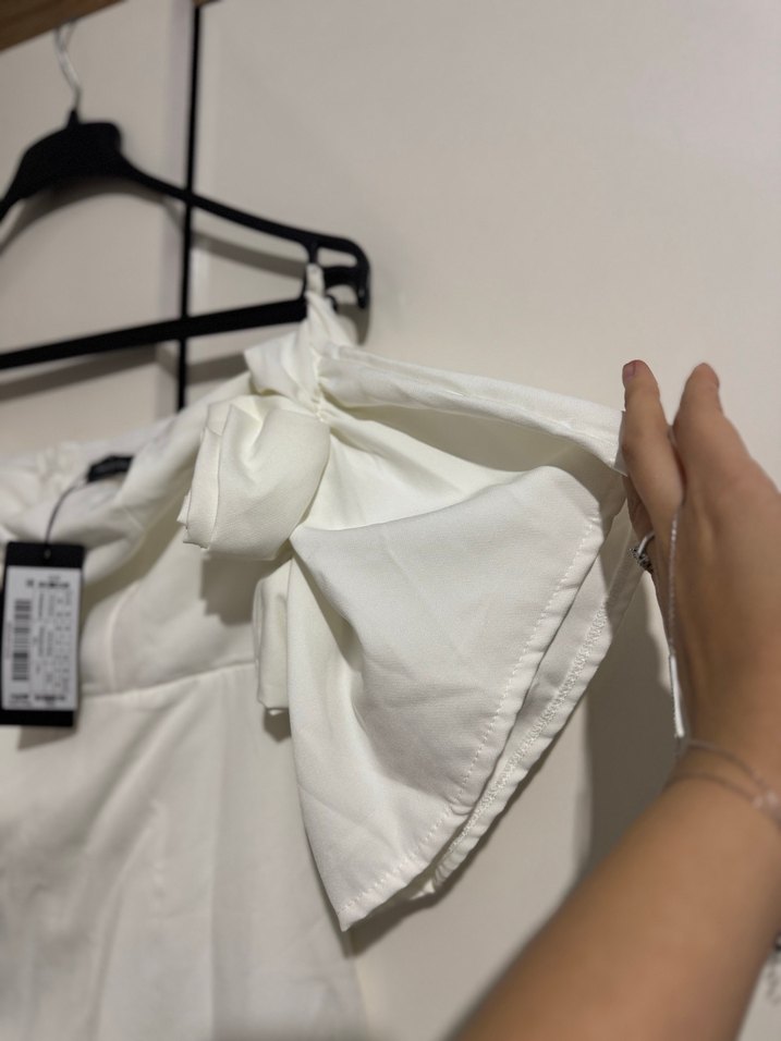 Beyaz Midi Drapeli Straplez Kadın Elbise - Görsel 4