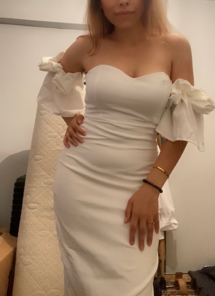 Beyaz Midi Drapeli Straplez Kadın Elbise - Görsel 5