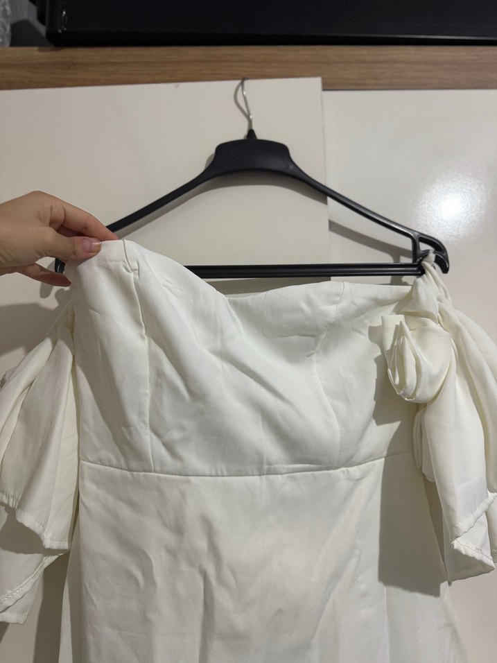 Beyaz Midi Drapeli Straplez Kadın Elbise - Görsel 2