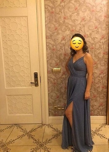 36 Beden Askılı simli mavi abiye elbise 