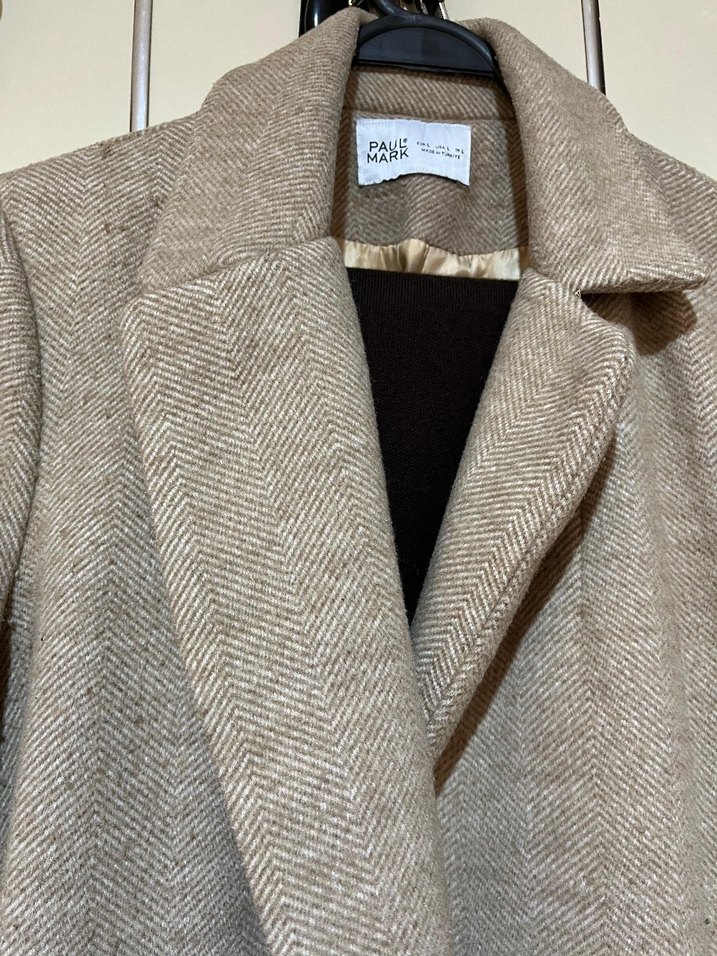 Bej Düğmeli Midi Yün Kadın Kaban - Görsel 3