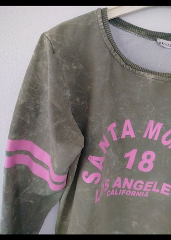 Haki Yeşil Kadın Uzun Kollu Baskılı, pamuklu Sweatshirt - Görsel 3