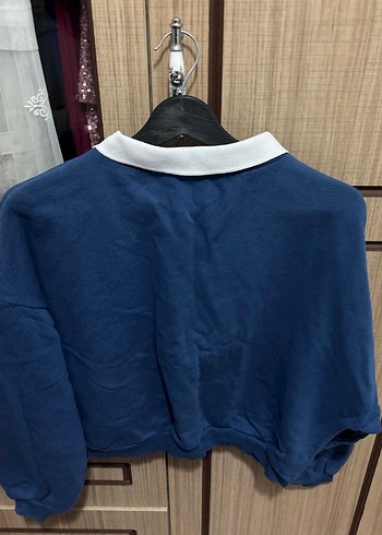 Mavi Uzun Kollu Düğmeli Kadın Sweatshirt - Görsel 2