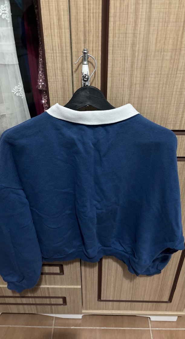 Mavi Uzun Kollu Düğmeli Kadın Sweatshirt - Görsel 2