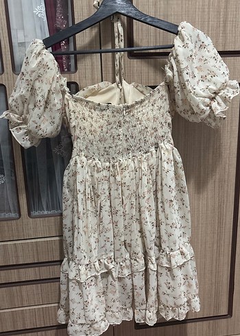 Bej Çiçekli Bohem Mini Elbise - Görsel 2